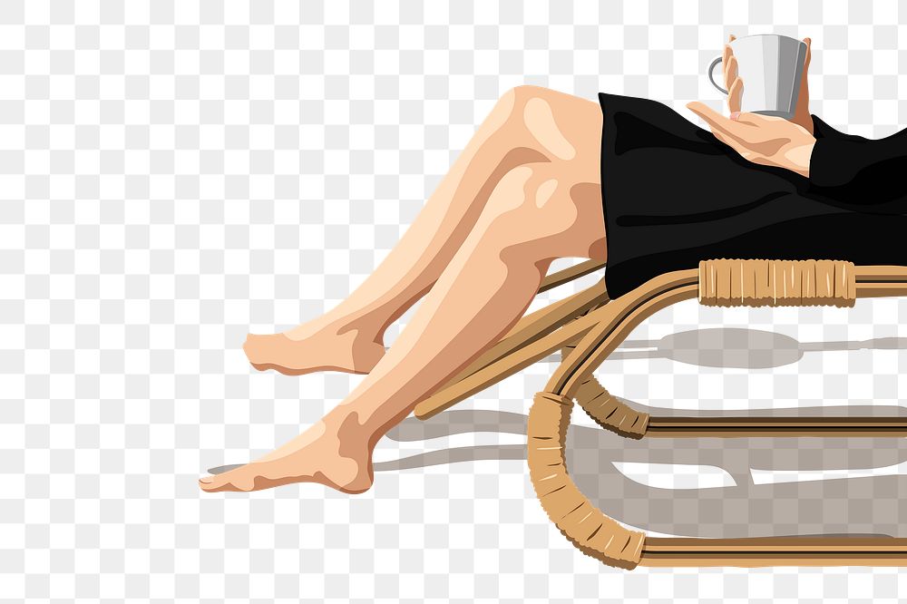 Woman sitting on a woven chair with a cup of coffee in her hands transparent png