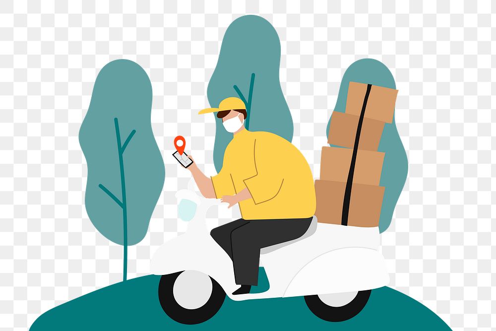 Delivery boy on a scooter with parcel boxes checking customer location map transparent png