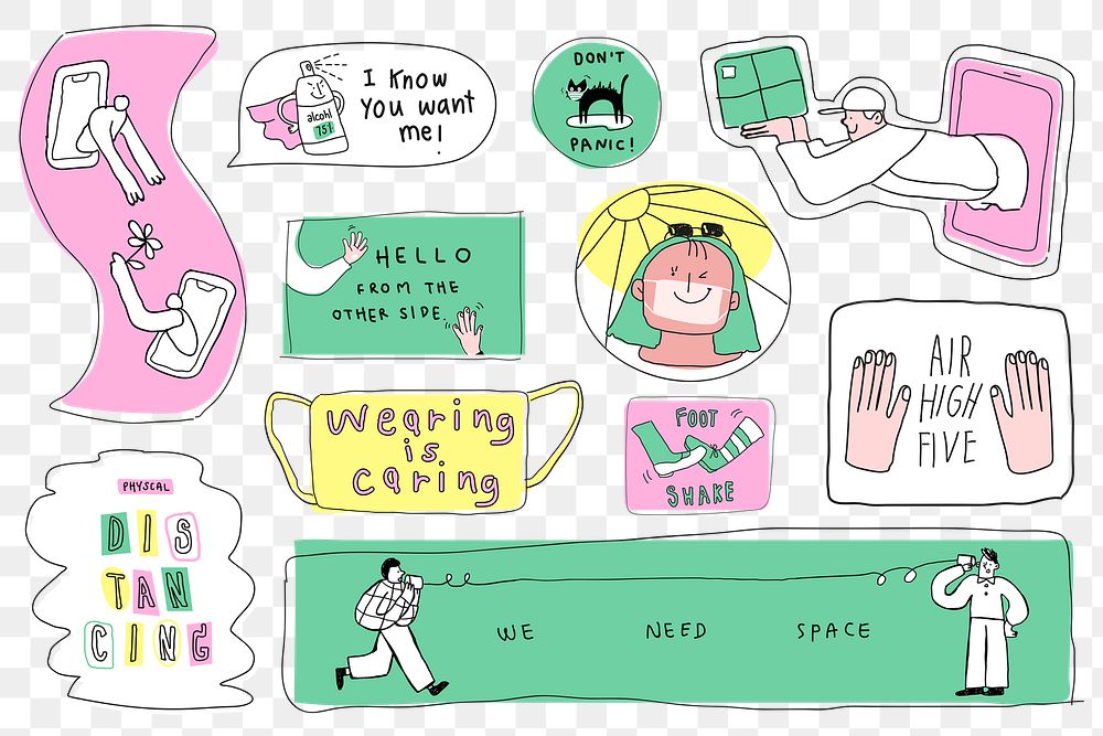 COVID-19 new normal lifestyle png cute doodle sticker collection