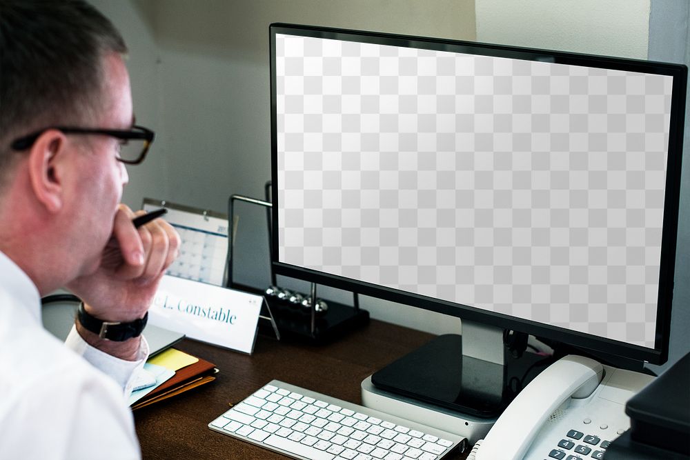 Computer screen PNG mockup, man working in office
