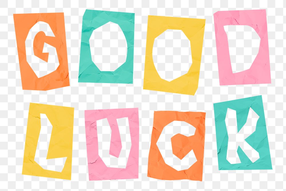 Torn paper lettering GOOD LUCK png phrase colorful typography font