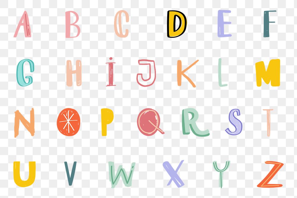 Alphabet png hand drawn doodle font typography set 