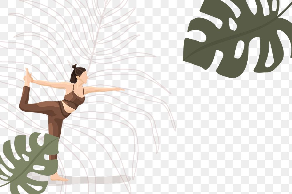 Monstera leaf png border frame with woman practicing yoga 