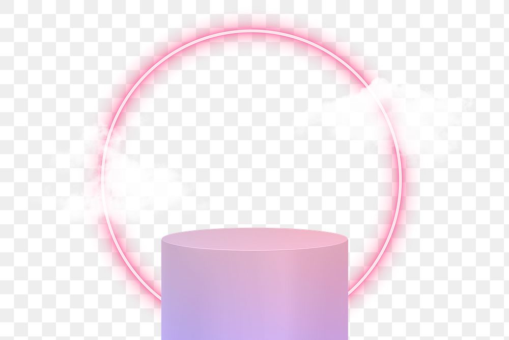 Png 3D product podium simple style with pink neon ring and clouds