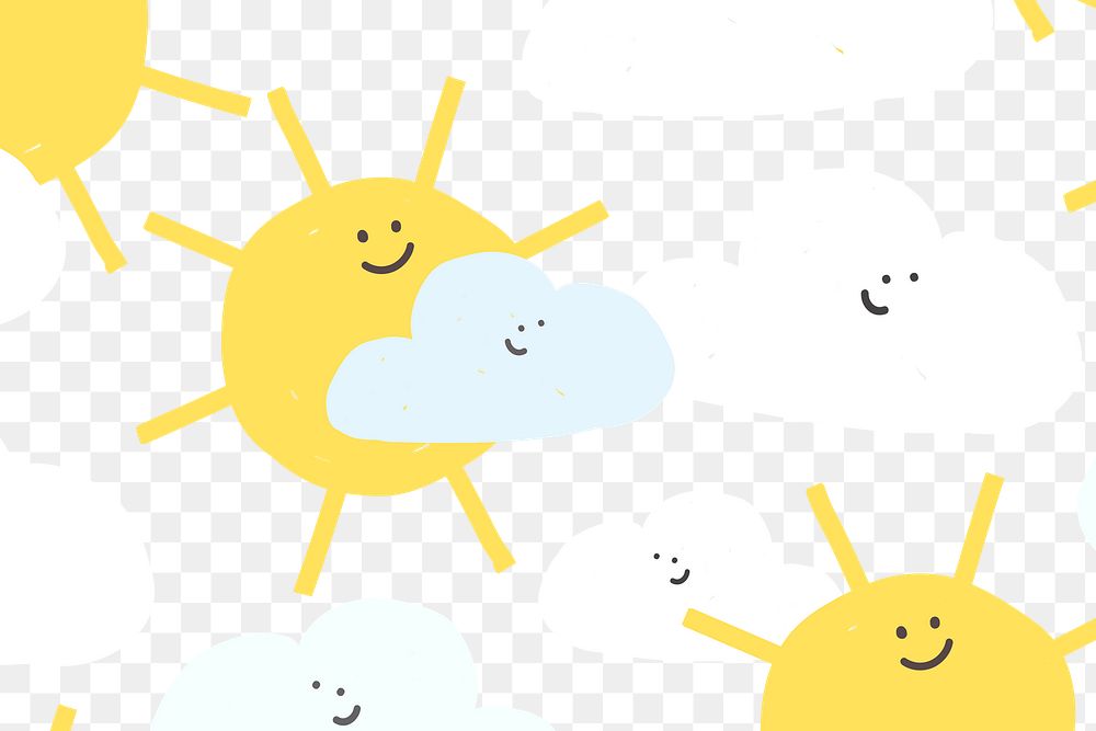 Png happy weather seamless pattern background doodle clouds and sun for kids
