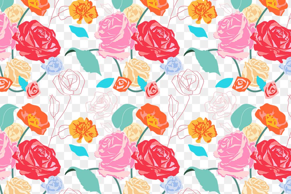 Cute floral png pattern with pink roses colorful background