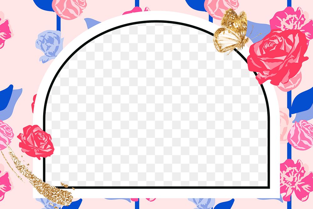 Roses png pink floral frame arched shape on transparent background