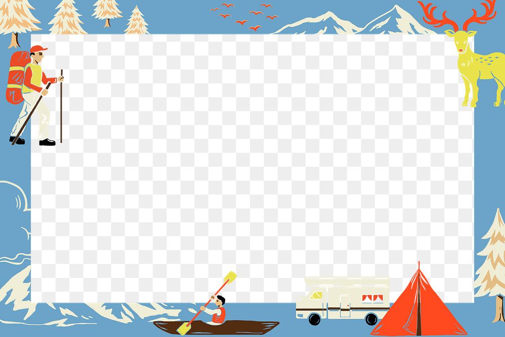 Camping trip png blue frame in rectangle shape with colorful tourist cartoon illustration