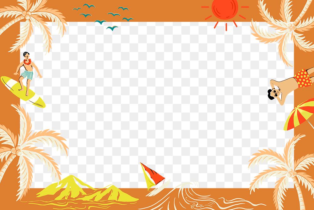 Tropical island png orange frame in rectangle shape with colorful tourist cartoon illustration
