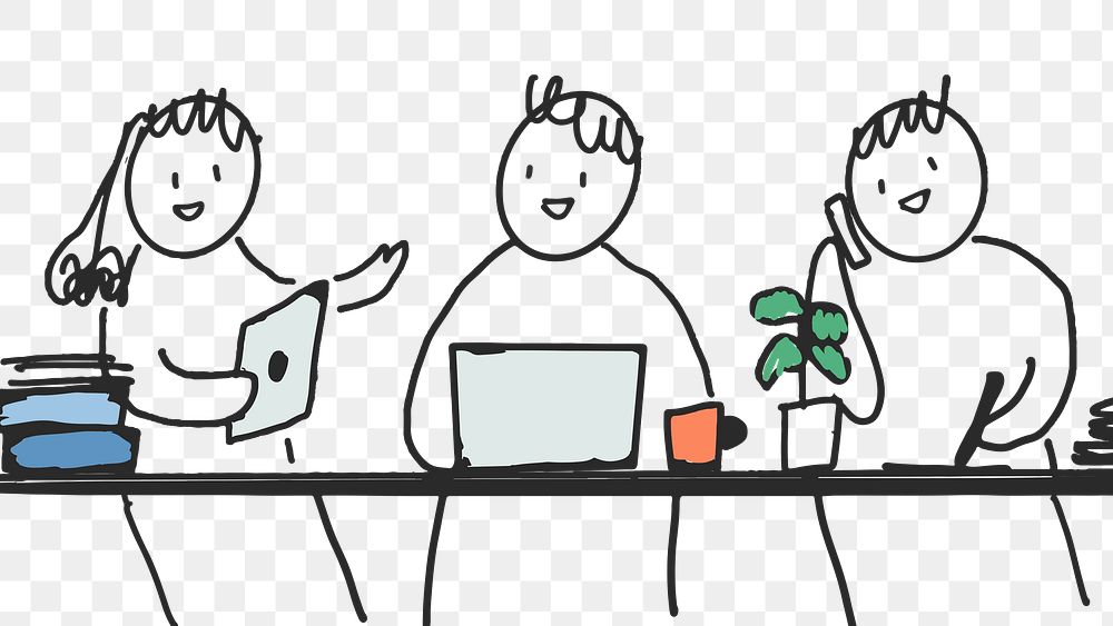People doodle png happy workers in green office characters