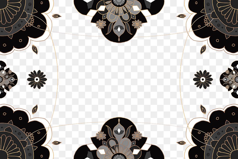 Gold Mandala pattern png frame black botanical Indian style