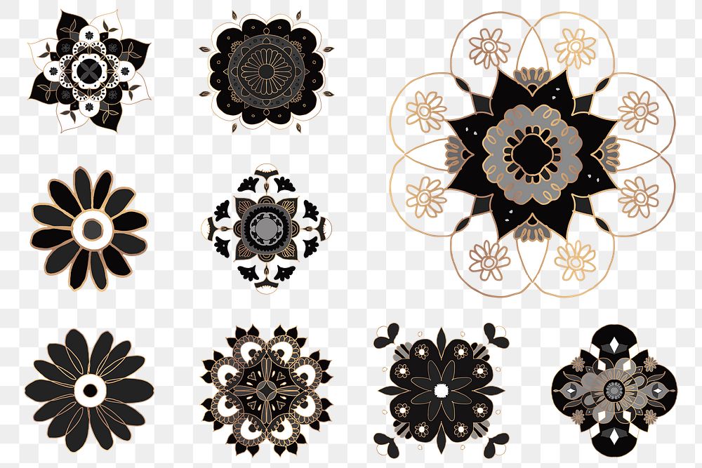 Black botanical Mandala png sticker symbol set