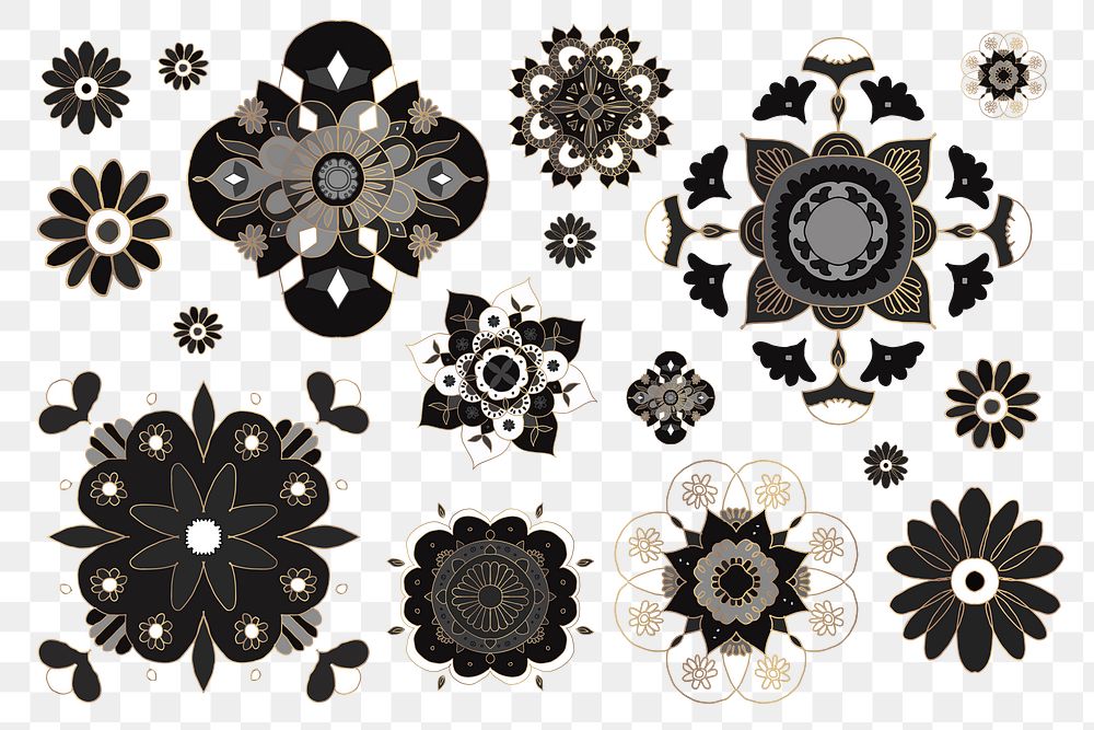 Indian Mandala png sticker black floral symbol collection