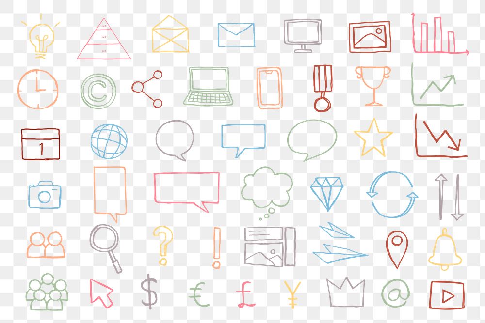 Colorful png business presentation icons doodle set