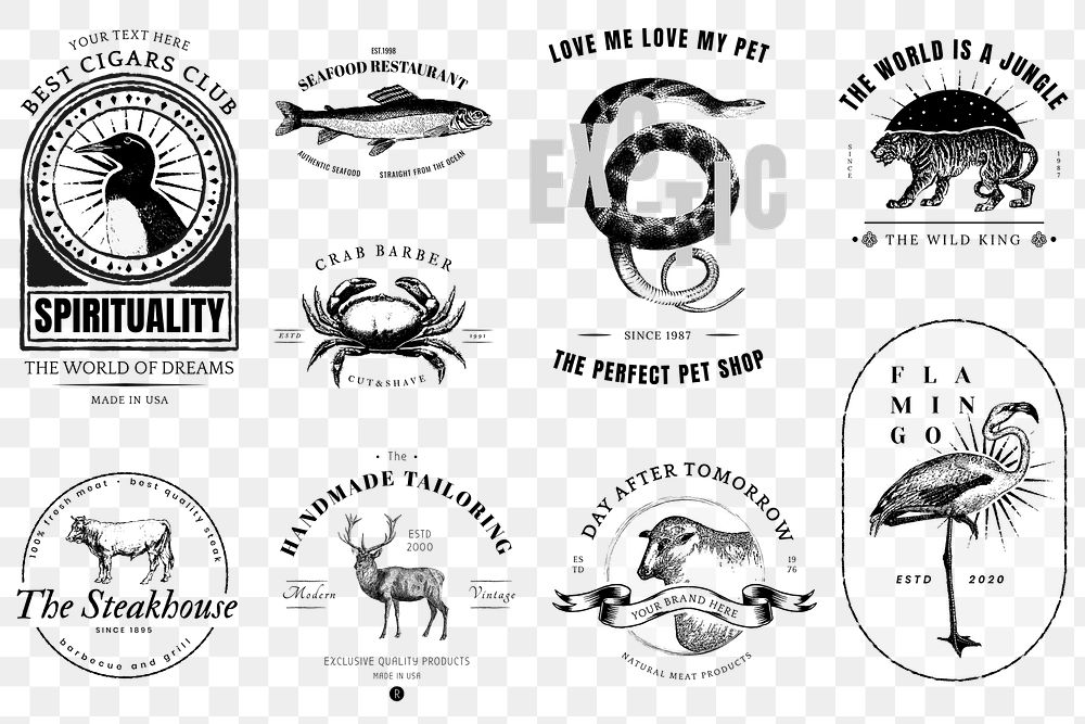 Vintage logo png animal branding badge set