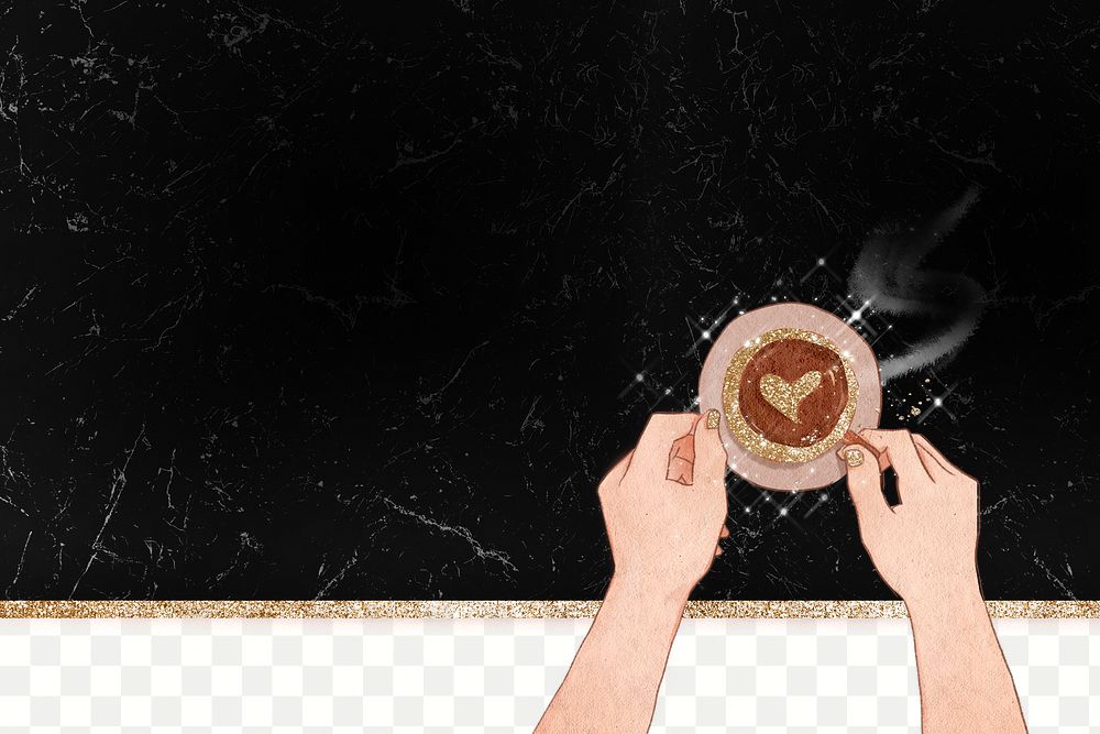 Heart on coffee png black glittery marble texture background