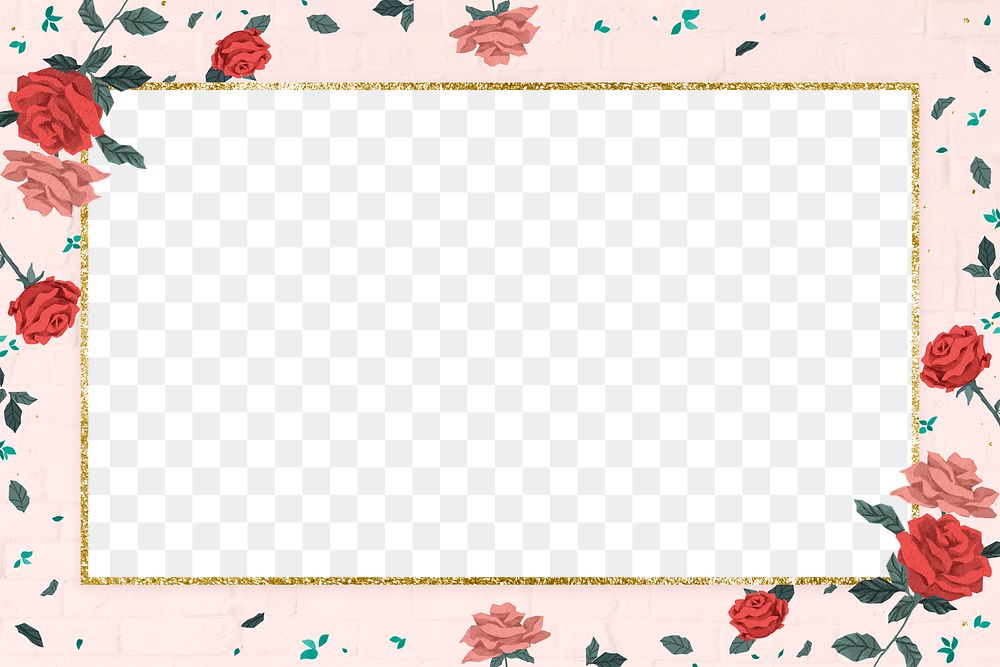 Valentine&rsquo;s roses with golden frame png on pink brick wall background