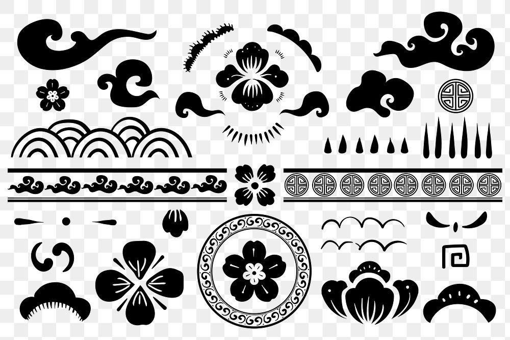 Black Chinese traditional flowers png temporary tattoos set