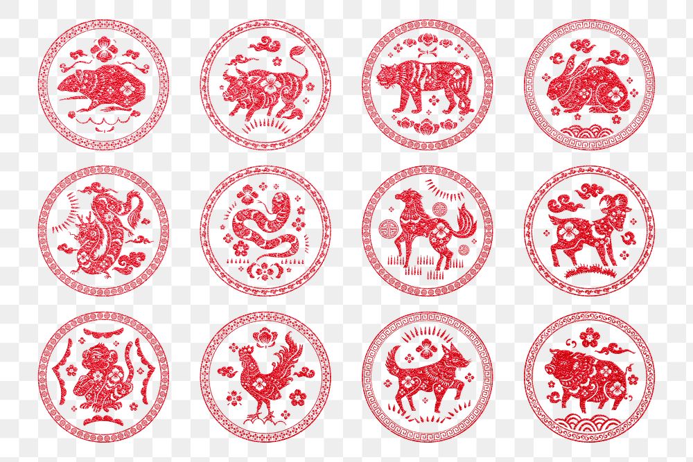 Chinese animal zodiac badges png red new year stickers collection
