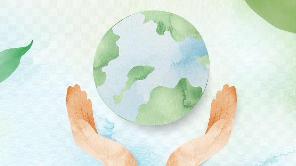 Png environment conservation watercolor background with hands protecting the world illustration
