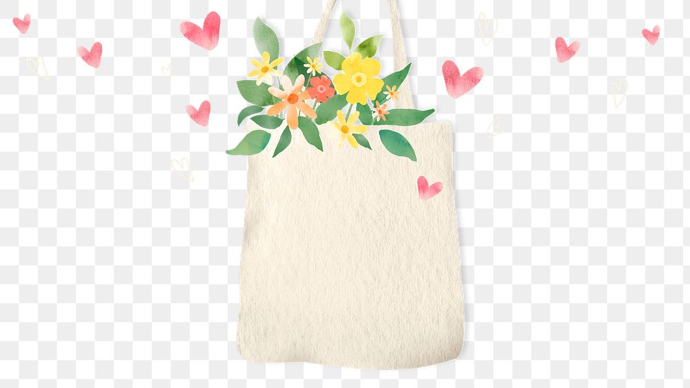 Png eco-friendly background with flowers in tote bag illustration         