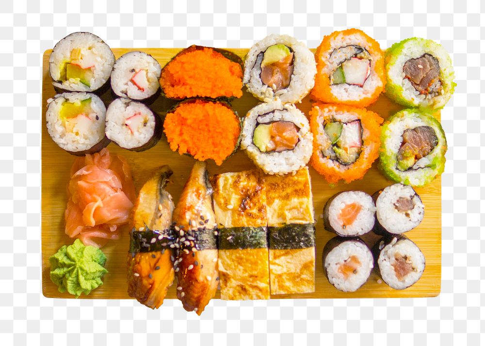 Png sushi set sticker, food photography, transparent background