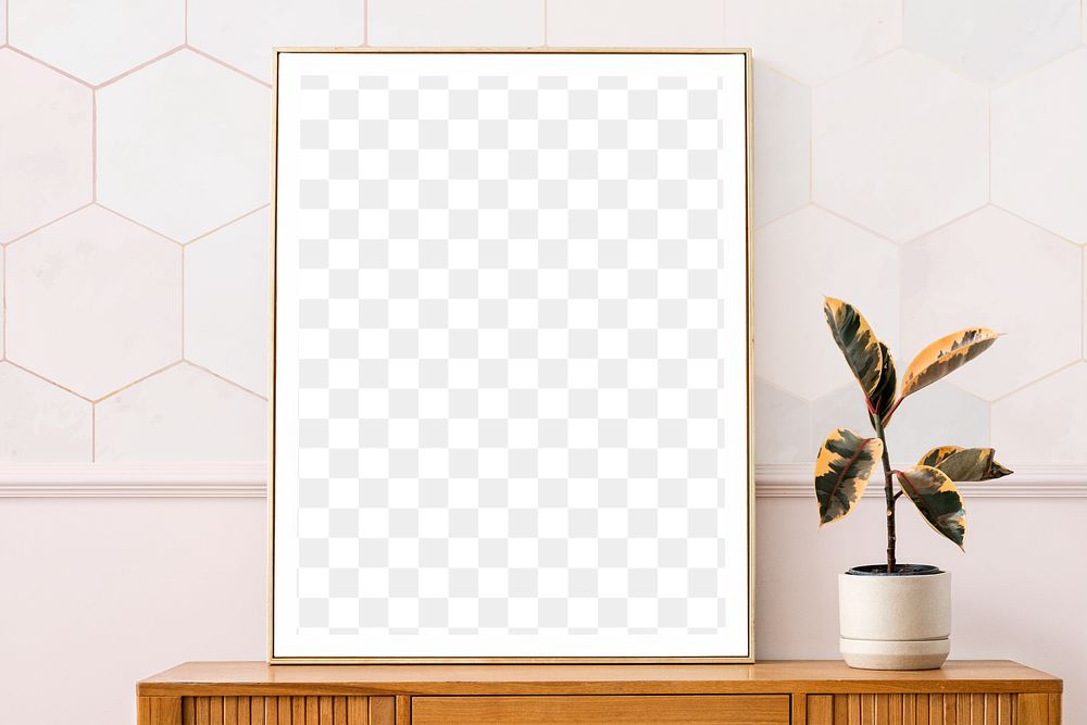 Picture frame mockup on a wooden cabinet