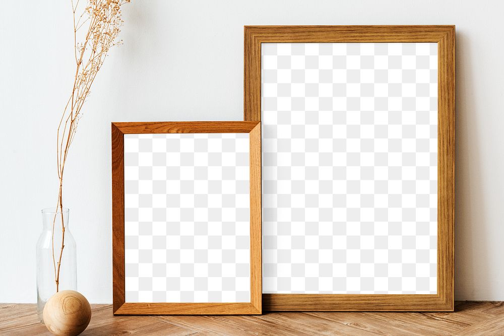 Picture frame mockups on a wooden sideboard table with dried flowers in a vase 