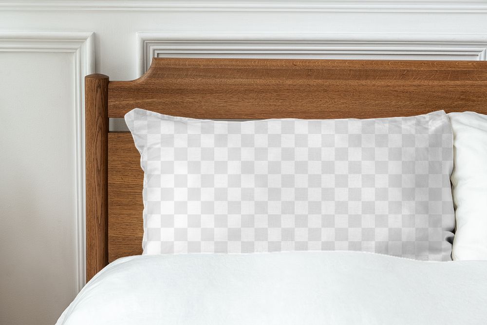 Pillowcase mockup png in a wooden bed