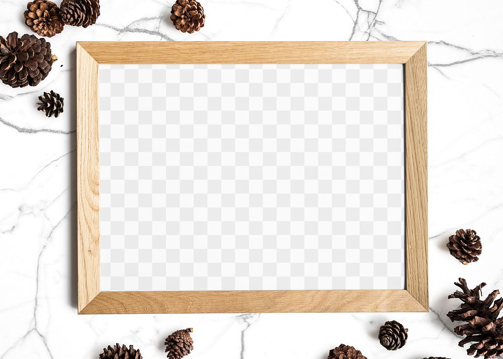 Wooden picture frame png mockup on white marble