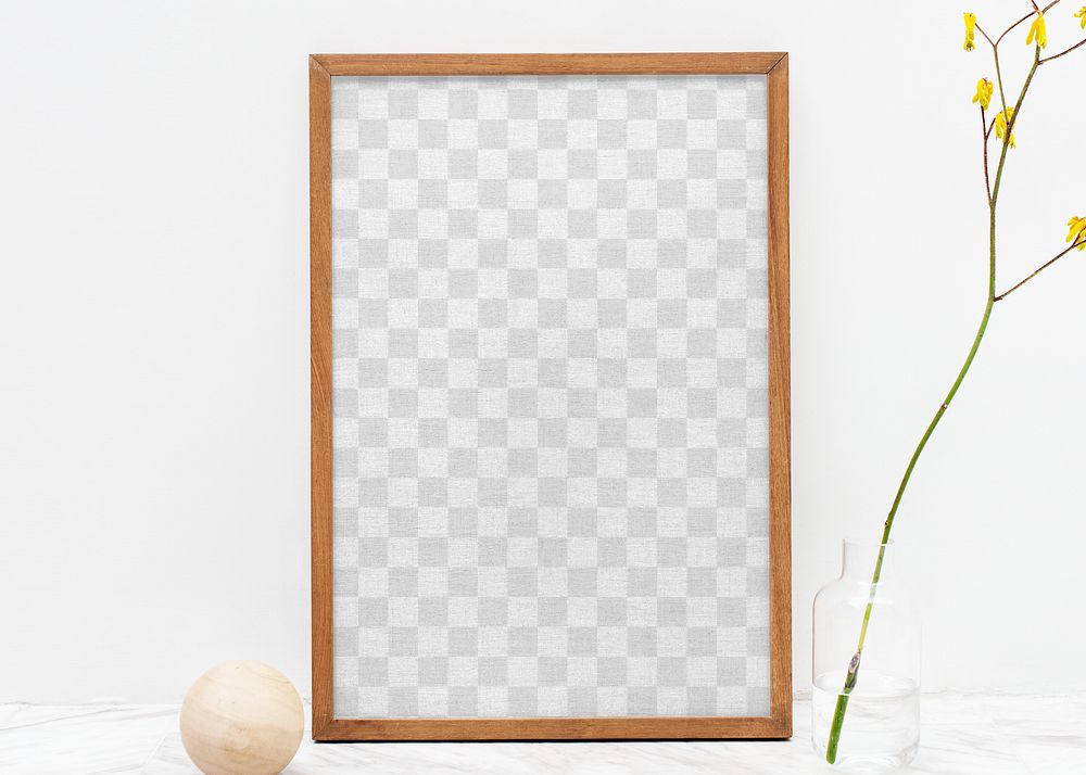 Wooden picture frame png mockup by a yellow forsythia