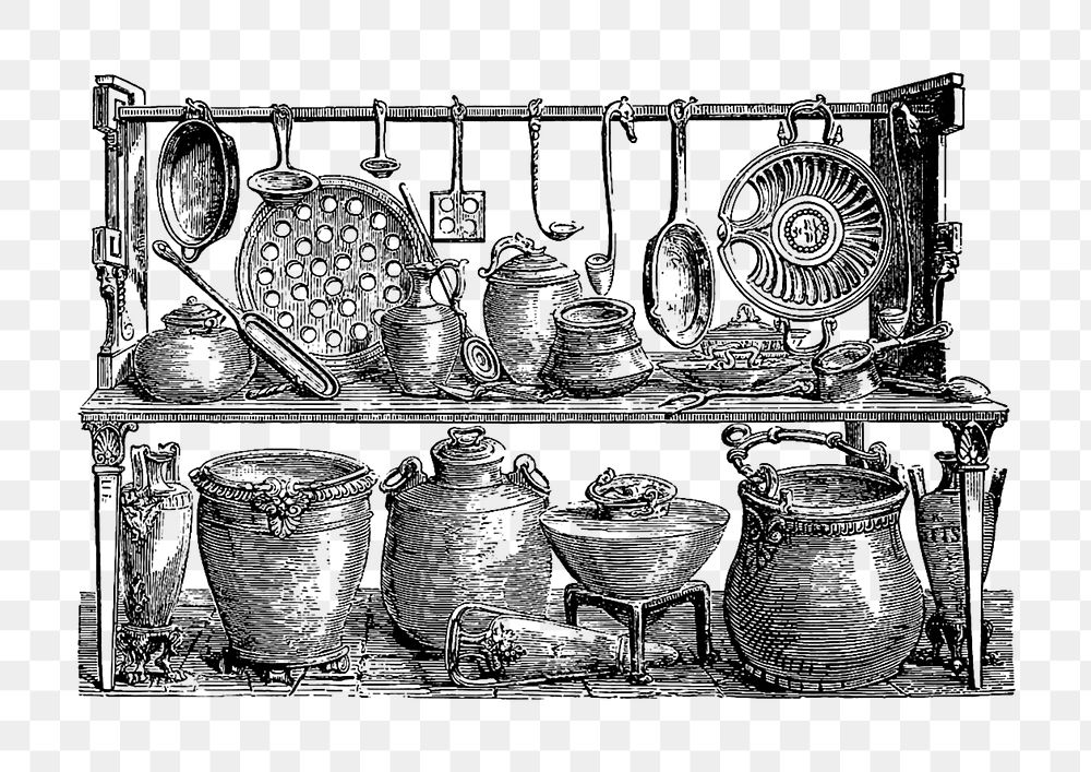 PNG Drawing of cooking utensils from Pompeii, transparent background