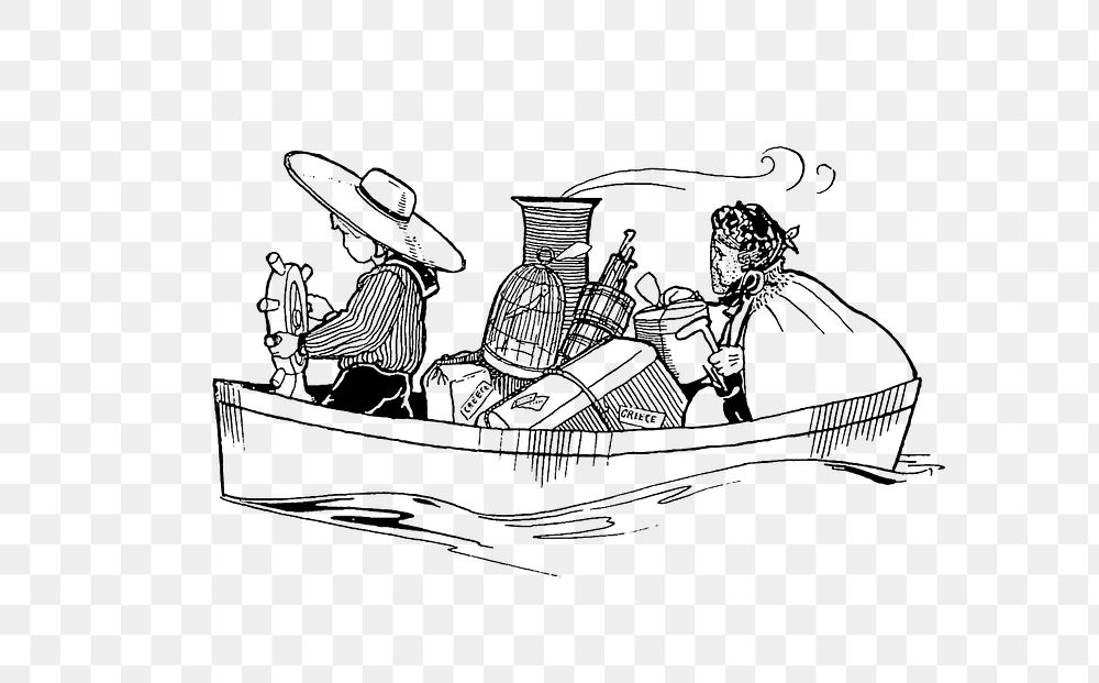 PNG Drawing of a travelers on a boat, transparent background