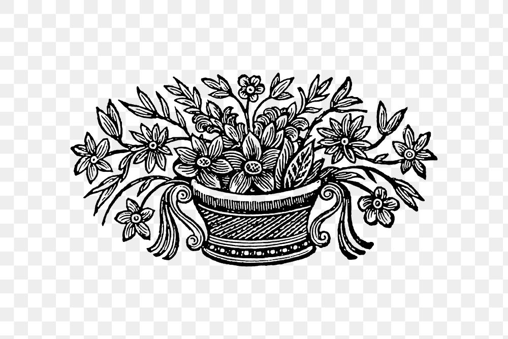 PNG Vintage Victorian style flowers in a pot engraving, transparent background