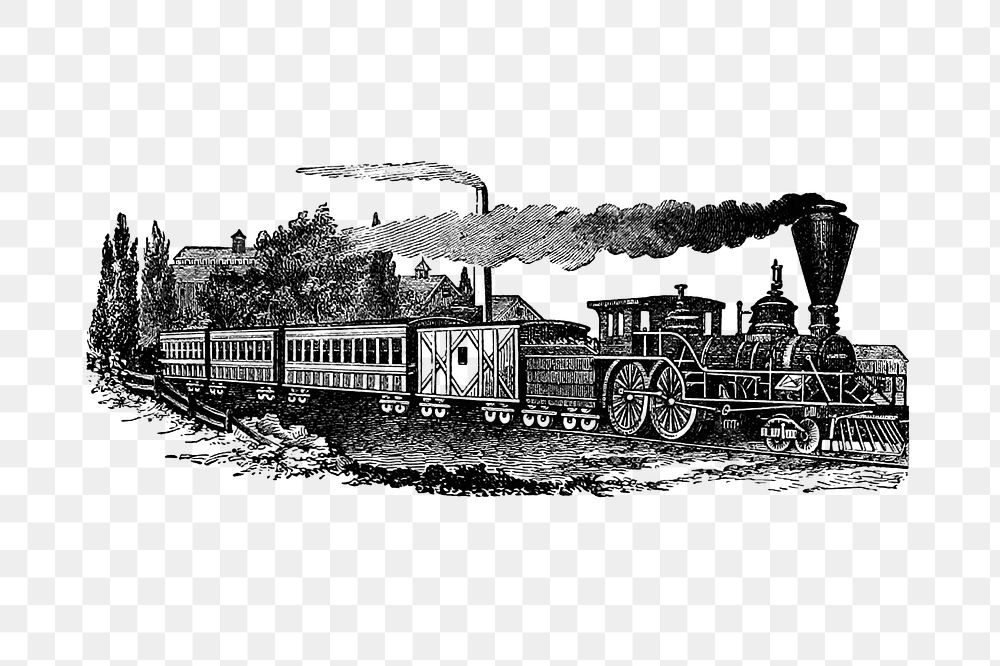 PNG Vintage European style steam train engraving, transparent background