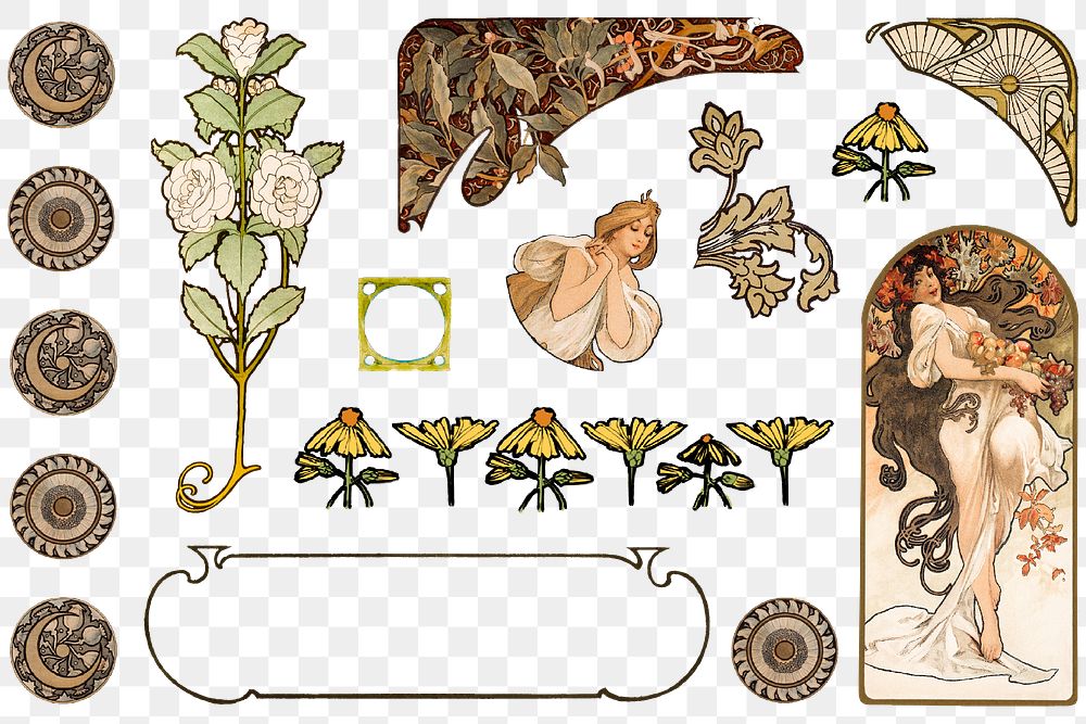 Lady and ornament art nouveau png set, remixed from the artworks of Alphonse Maria Mucha