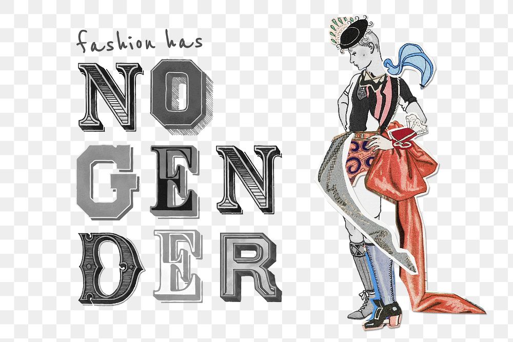 Fashion has no gender png mixed media collage, remix from artworks by George Barbier