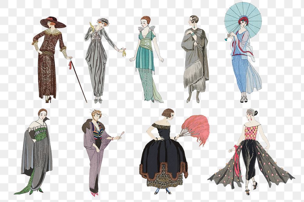 1920s women's fashion png set, remix from artworks by George Barbier