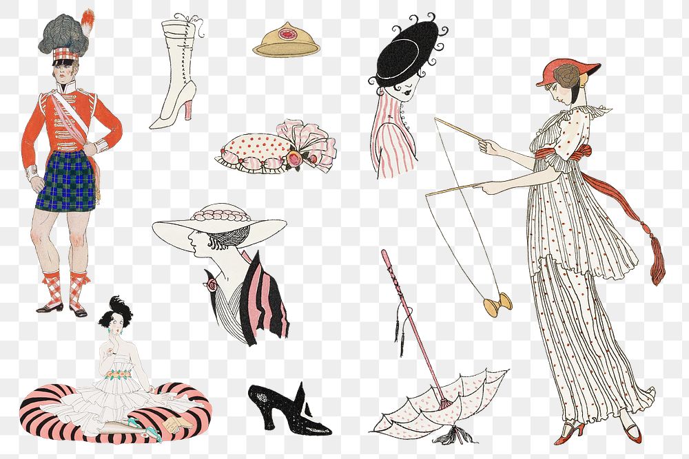 Vintage feminine fashion png, remix from artworks by George Barbier
