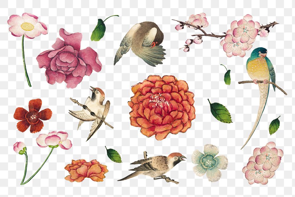 Vintage flower and bird png design element set, remix from artworks by Zhang Ruoai