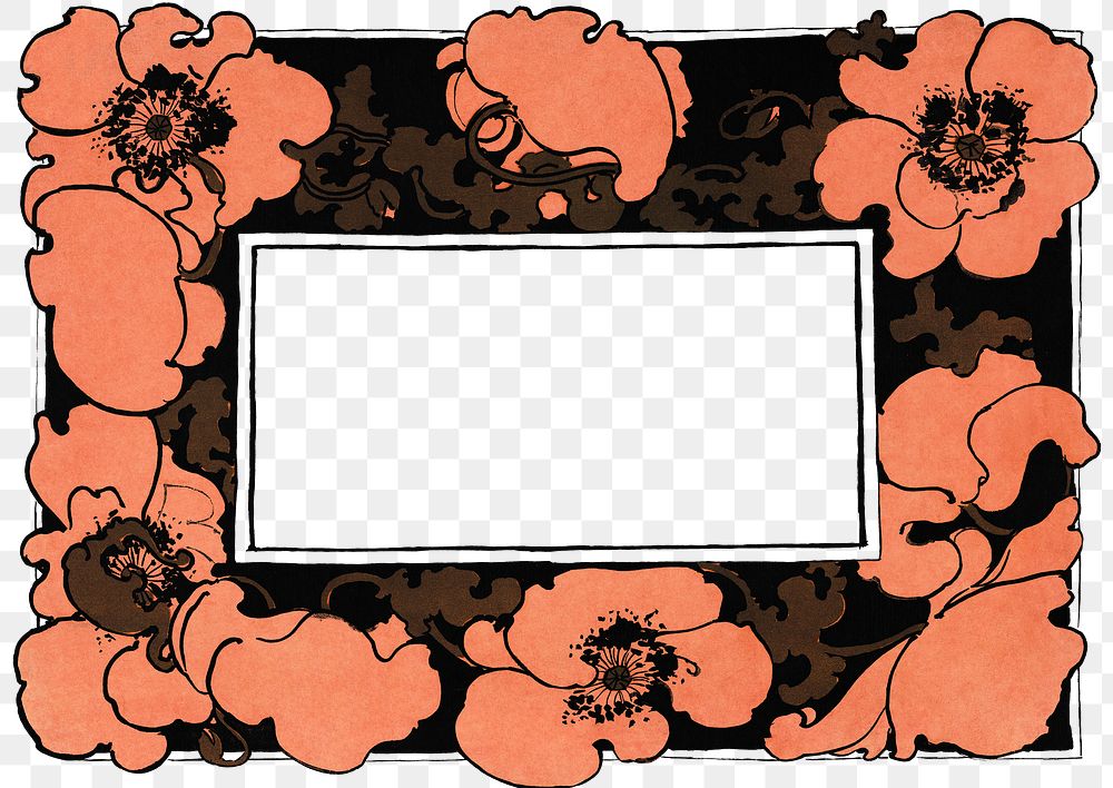 Orange poppy flower png frame art nouveau style, remix from artworks by Ethel Reed
