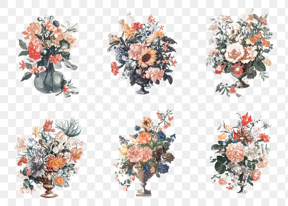 Flower bouquet in vase png sticker vintage illustration set