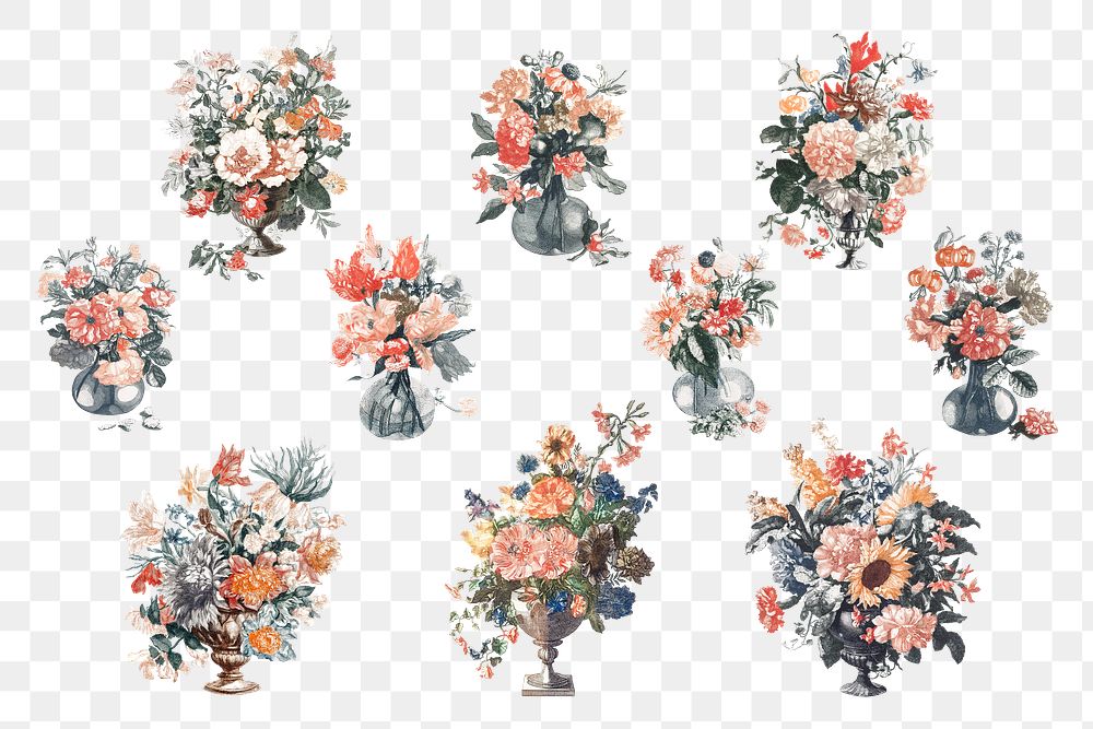 Flower bouquet in vase png sticker vintage illustration set