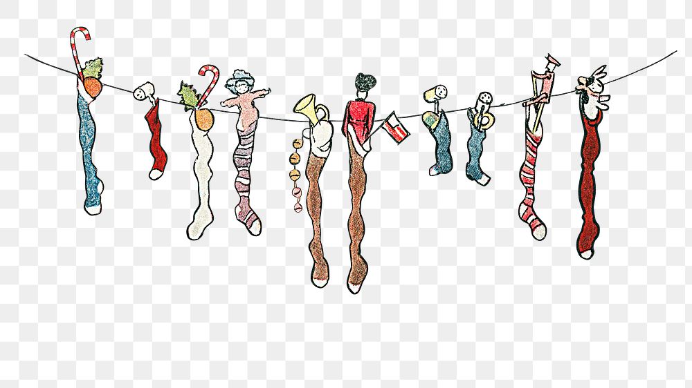 Festive Christmas stockings on a clothesline illustration