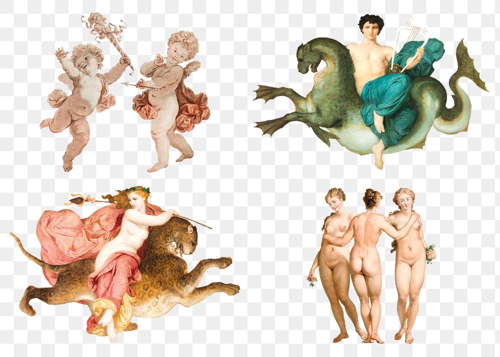 Vintage cupid, gods and nude woman illustration png set