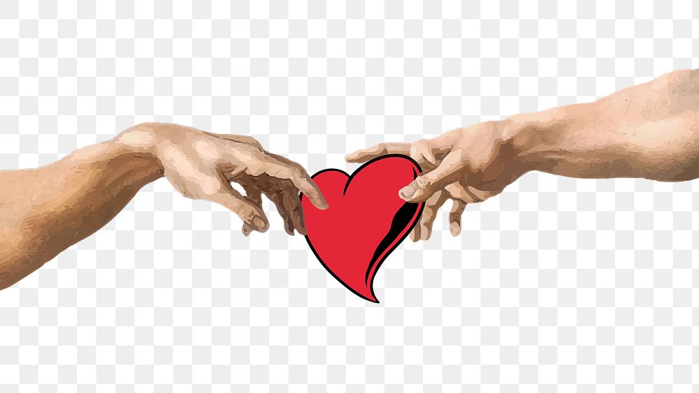 PNG Hands with heart sticker, sharing love, remixed from artworks by Michelangelo Buonarroti