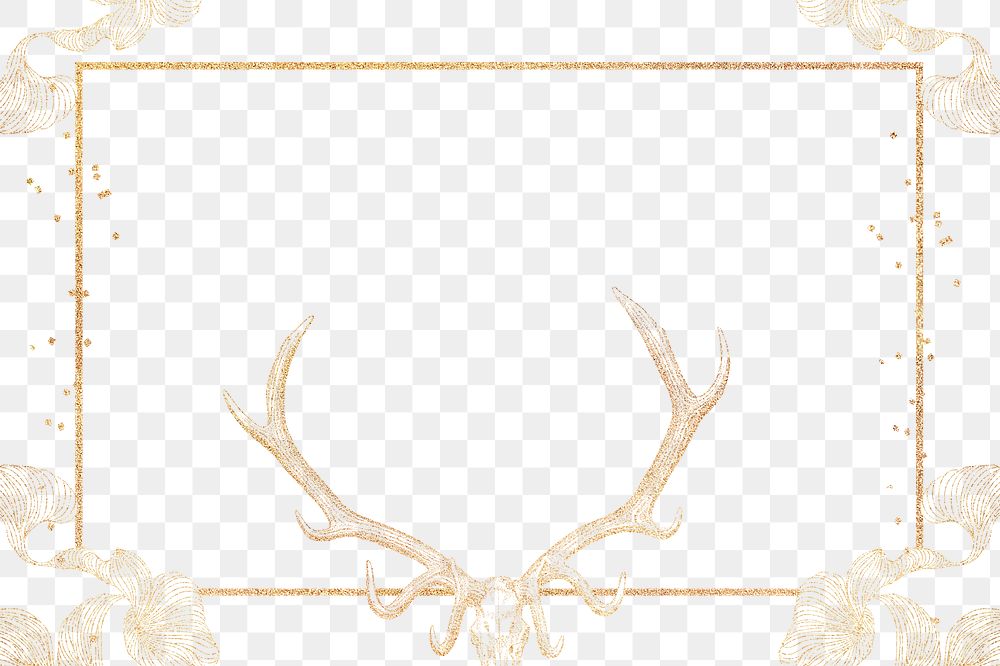 Gold frame png, animal skull drawing graphic on transparent background  