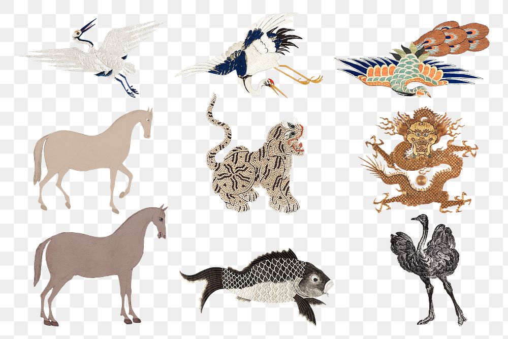 Vintage png animal embroidery and illustration set, featuring public domain artworks