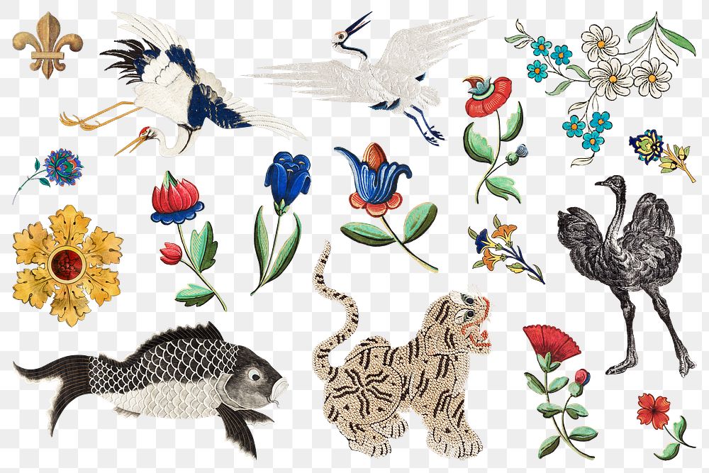 Vintage flower animal gold badge illustration png set, featuring public domain artworks