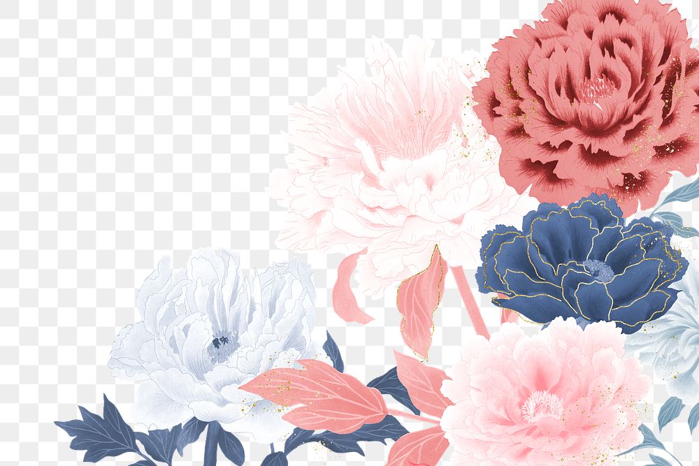 Botanical border png, peony flower print on transparent background